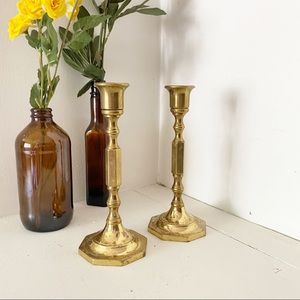 Boho vintage brass candle stick holder set